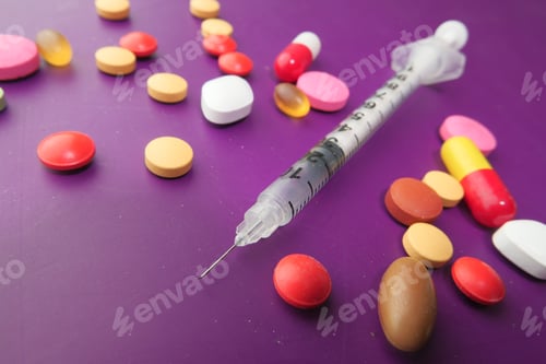 Preview: close up of syringe and colorful pills on purple background .