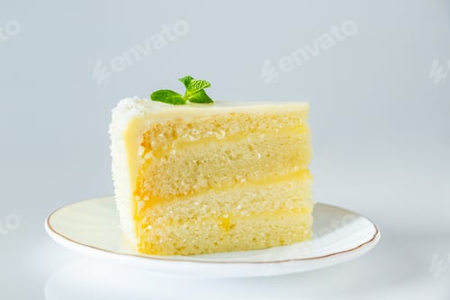 Preview: Lemon cake with coconut flakes and white cream. Vanilla holiday dessert.