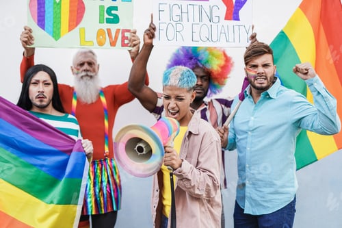 Preview: Homosexual multiracial people from different generations at gay pride parade with banner