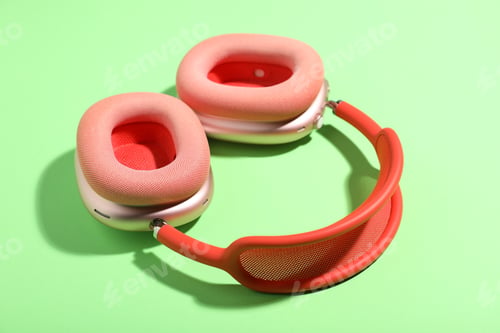 Preview: Pair of stylish pink headphones on light green background