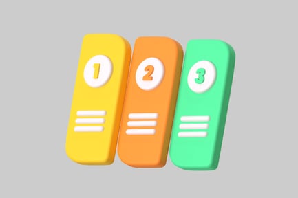 Visualização: Três objetos retangulares com números