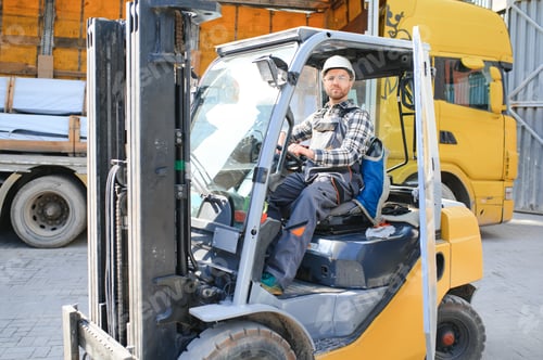 Preview: forklift driver in protective vest and forklift standing at warehouse of freight forwarding company
