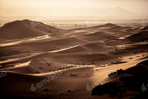 Preview: Desert landscape with caravan walking across sand dunes, a plain in the distance.