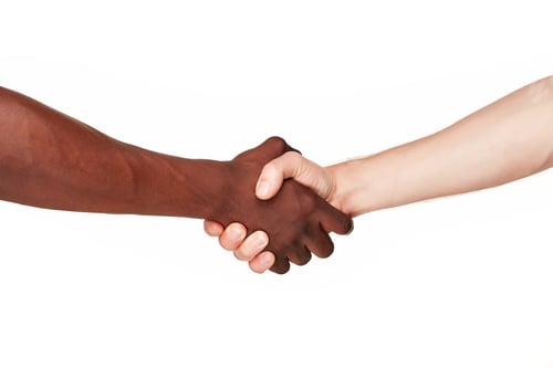 Preview: Black and white human hands in a modern handshake