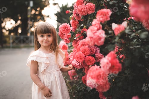 Preview: Stylish baby girl wear trendy dress over rose flowers at background close up. Spring season.