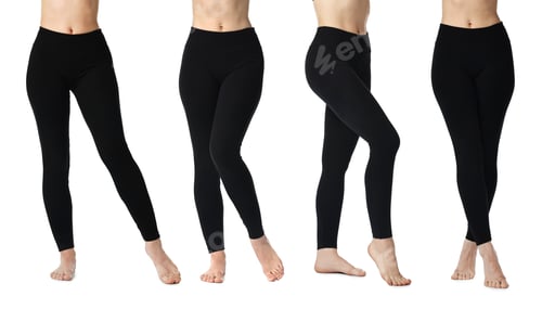 Preview: Woman posing in yoga leggings on white background, closeup. Collage of photos