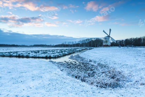 Preview: white windmill in winter morning