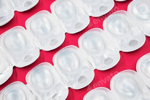 Preview: Some blister pack of daily contact lenses. Contact lens in disposable plastic containers.