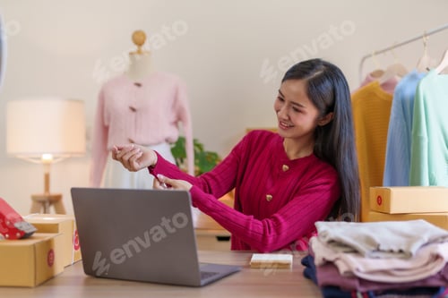 Preview: Beautiful Asian online business owner who sell cloth online and explain the feature, prices
