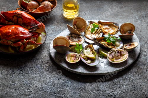 Preview: Raw seafood, crabs, clams and mussels shellfish with lemon and cilantro on gray plate.