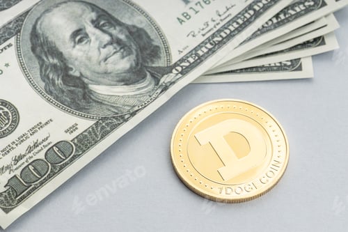 Preview: Dogecoin coin and a pile of US dollar banknotes