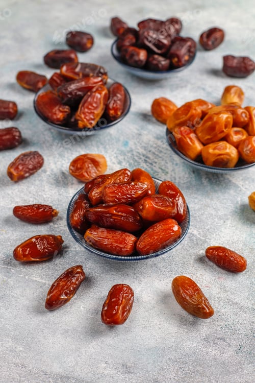 Preview: Various of dried dates or kurma.