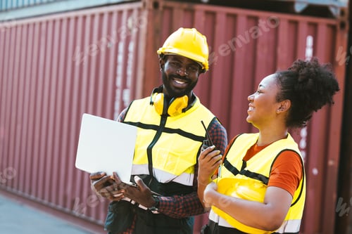 Preview: Teamwork, African worker couple happy working together port cargo shipping industry container yard