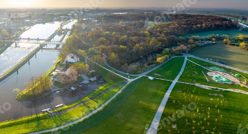 Preview: Aerial view of a bridge to Bolko Island in Opole, over River Oder in Poland