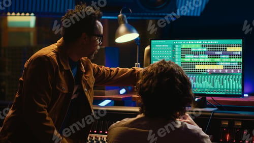 Preview: Team of artists collaborating on editing recorded tracks with audio software