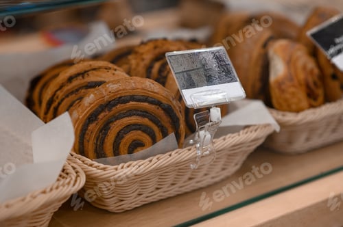 Preview: A variety of baked goods are on display. Showcase in the bakery. Various buns and pies