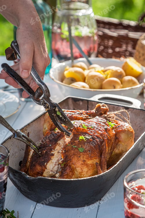 Preview: Cutting roasted chicken in casserole with herbs in garden