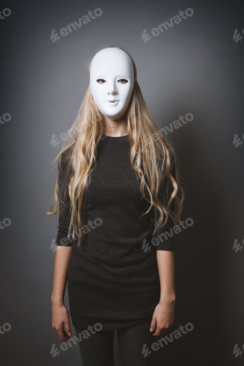 Preview: mysterious woman hiding face and identity behind white mask