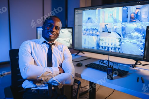Preview: African-American security officer watching the screens talking on radio in control room