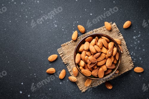 Preview: Almond nuts in bowl at black background.