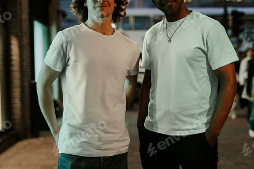 Preview: Men wearing T-shirt on street at night photo