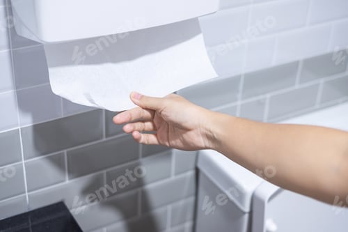 Preview: Woman hand pulling toilet paper in restroom. Cleaning, Lifestyle and personal hygiene concept