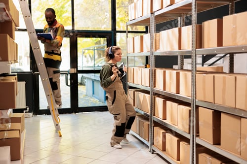 Preview: Business owner manager scanning boxes barcode