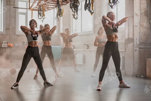 Preview: Caucasian young people exercising in fitness center