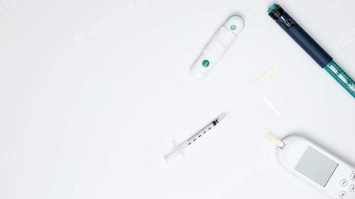 Preview: Diabetes concept with glucometer, syringe pen with insulin, blood test strips