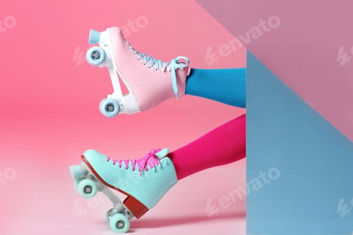 Preview: Woman with vintage roller skates on color background, closeup