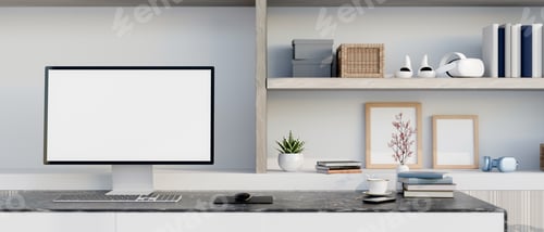 Preview: White screen computer and coffee with book on black marble table in front of a display shelf in room