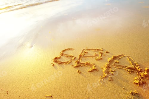 Preview: Sea letters handwritten in sand on beach