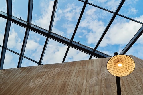 Preview: View of roof with glass open ceiling in Nordic style. Abstract and geometric architecture