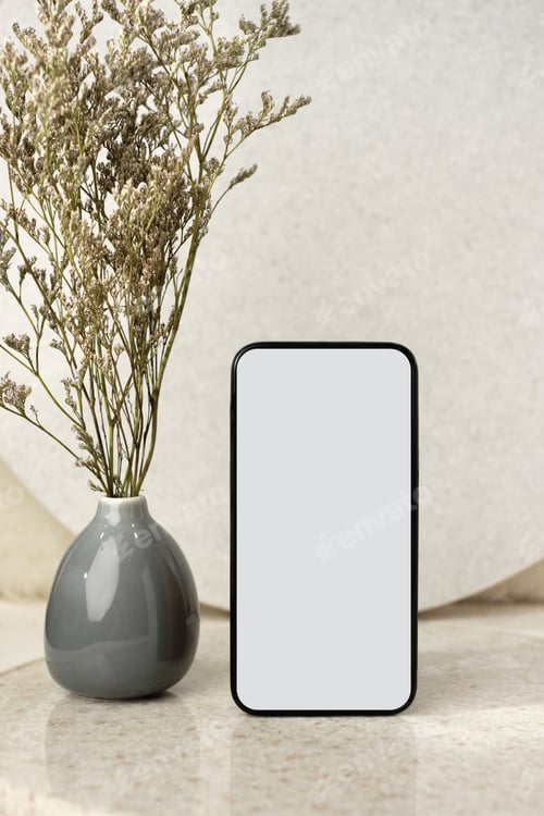 Preview: mockup blank screen mobile phone with flower in vase on white stone table