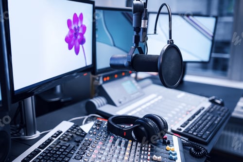 Preview: Microphone, Music Mixers And Headphones By Monitors In Radio Stu