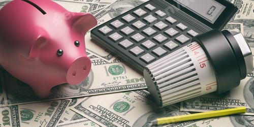 Preview: Radiator thermostat, heating temperature adjustment on dollar notes. 3d illustration