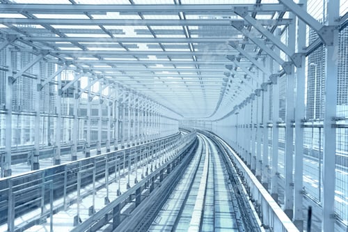 Preview: Tokyo monorail transportation system line metal tunnel. Blue toned.