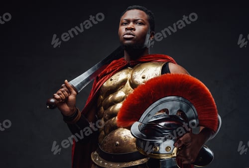 Preview: Proud roman soldier of african ethnic with sword and shield