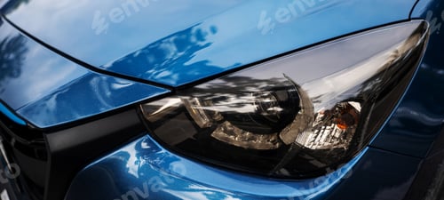 Preview: Luxury sedan's blue xenon headlight lamp. Shiny chrome design safety technology for night driving