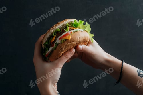 Preview: cropped view of person eating tasty cheeseburger