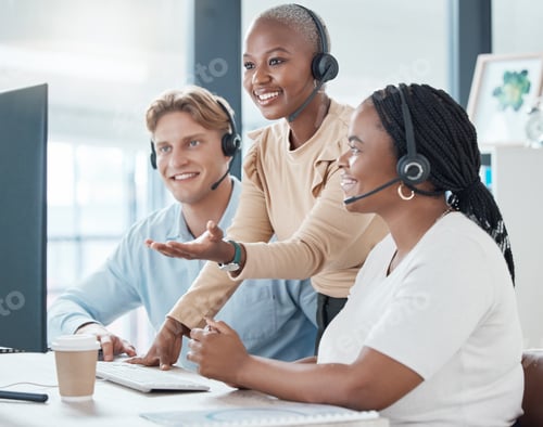 Preview: Training, teamwork and call center team in office on computer working together. Customer service, d
