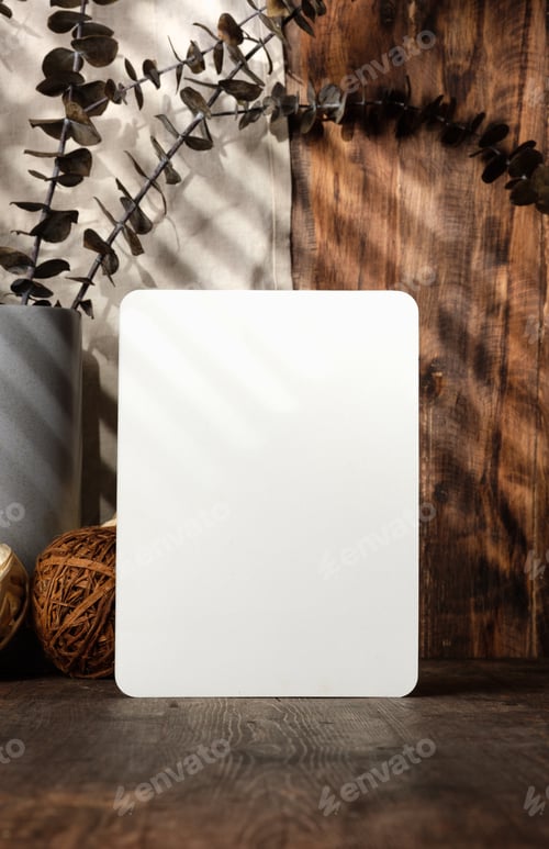 Preview: blank paper poster frame with kitchenware on wood table with sunlight