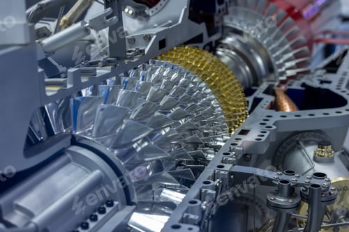 Preview: Gas turbine engine with turbine blades, Industrial gas turbine engine, Steel blades.