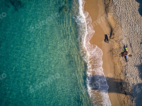 Preview: Beautiful Beach With Family Top Aerial View Drone Shot. Summer Family Vacation. Sithonia, Greece.