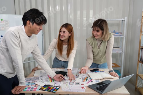 Preview: Brainstorm team of creative web graphic designer planning. Creative designers present ux ui to team
