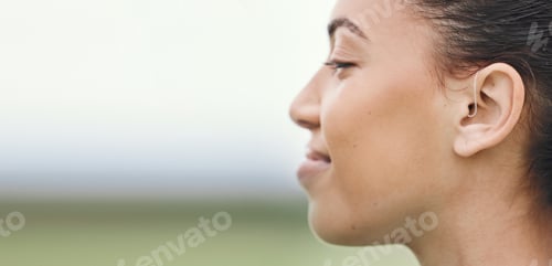 Preview: Face, mockup or hearing aid and a sports woman outdoor with an implant for sound or audio improveme
