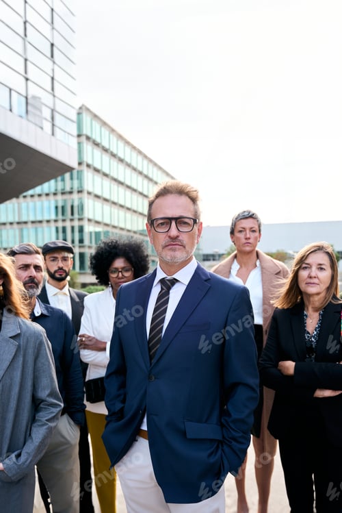 Preview: A team of diverse business people in formal suit looking confident and serious at camera