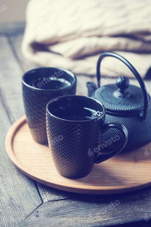 Preview: tea cup with tea pot on a tray