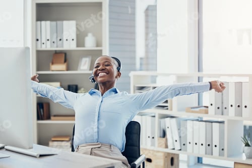 Preview: Black woman, stretching and happy call center consultant relax, smile and relief while working for