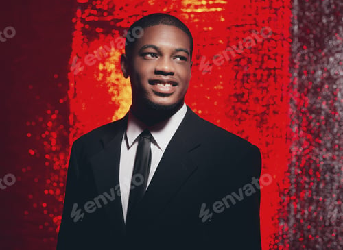 Preview: Smiling Retro Fifties Latin American Businessman In Front Of Red Reflective Background.